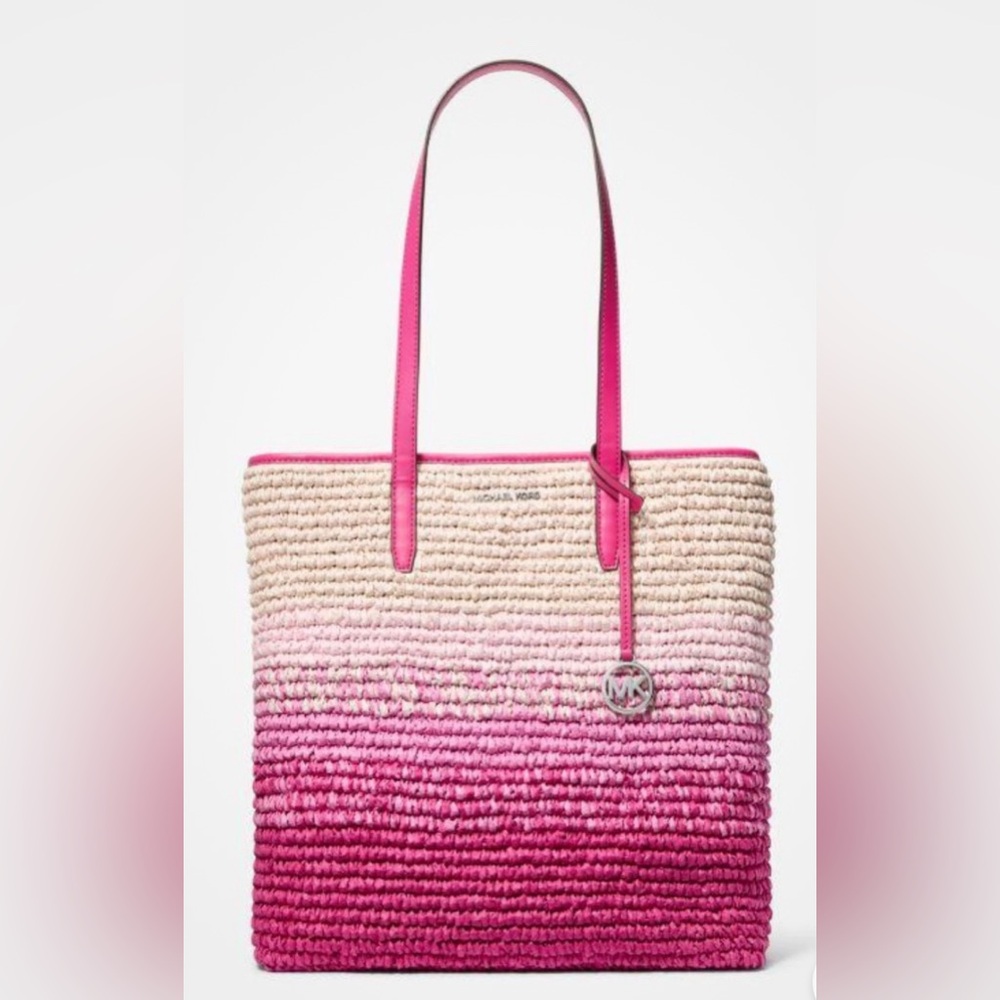 NEW Michael Kors Women The Michael Bag Lg Ombré Straw Shoulder Tote Dragonfruit
